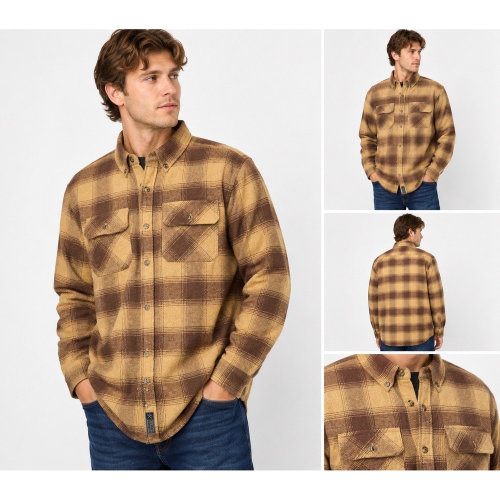 Colorado Clothing Mens M Flannel Shirt Brown Tan Plaid Heavyweight Button Up